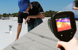 Split image of man inspecting a roof and thermal gun pointing at roof